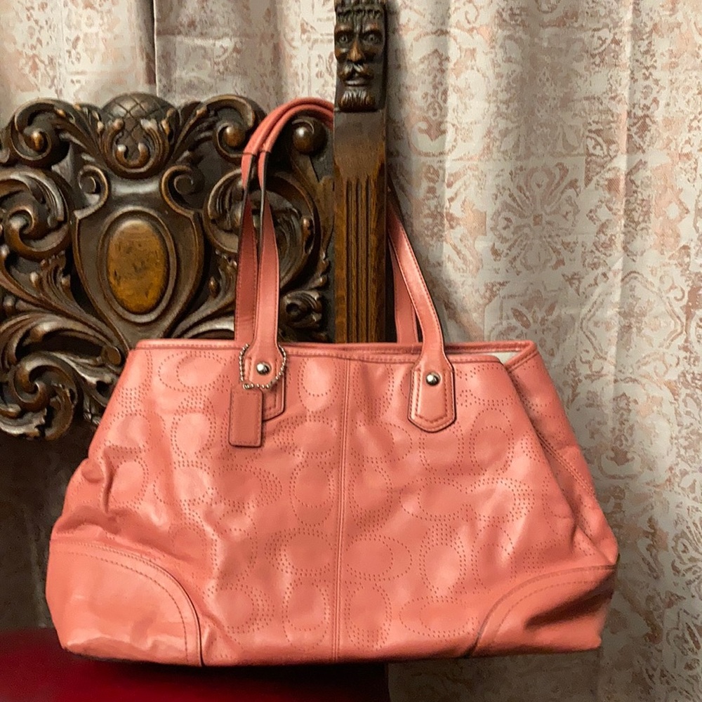 Women’s Coach leather satchel in coral with original dust bag. Gently used.
